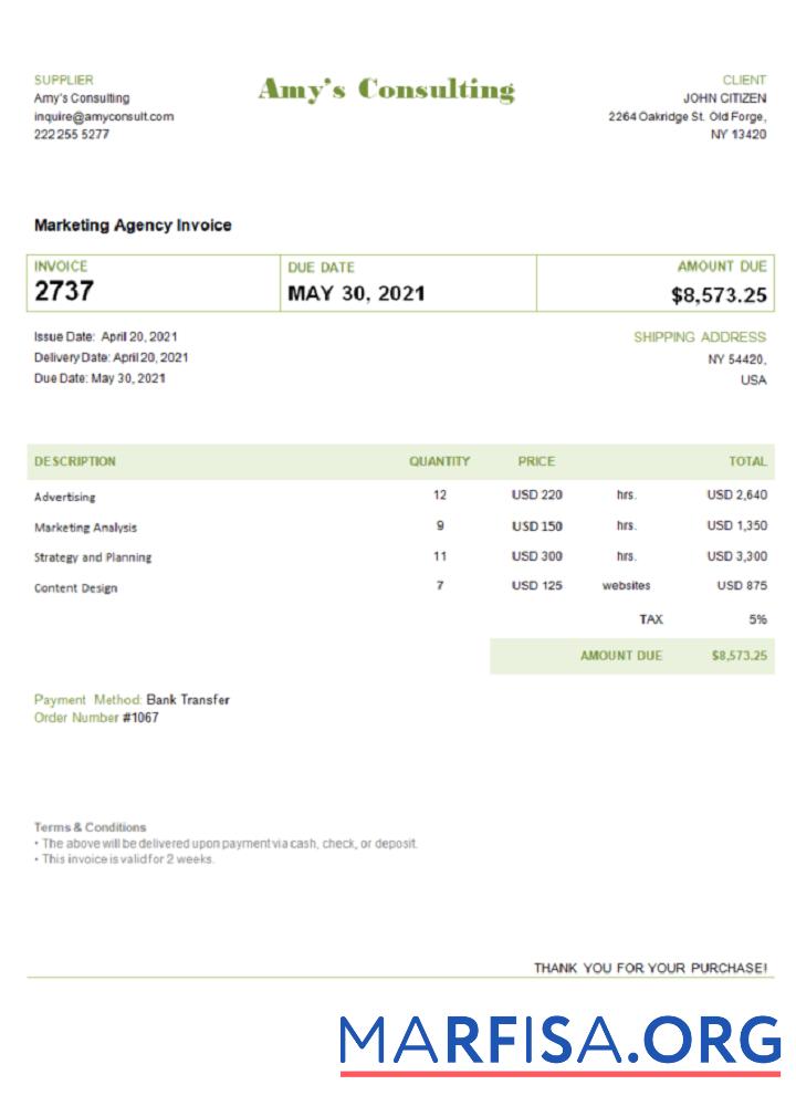 Printable USA Amy’s Consulting invoice template
